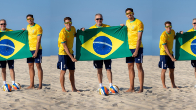 O técnico Luiz Marcelo e os alunos-atletas Flávio Alves e José Jonathan integram a delegação brasileira que disputa a segunda edição do Campeonato Mundial Universitário de Esportes de Praia da FISU, em Portugal (Foto: Arquivo Pessoal)