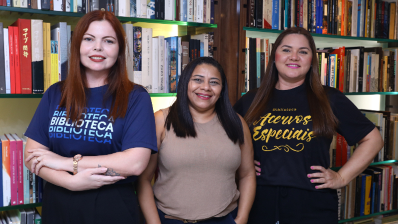 Dayanne Gomes, Gabriela Alves e Ana Wanessa, as guardiãs do conhecimento na Unifor (Foto: Clara Soeiro)