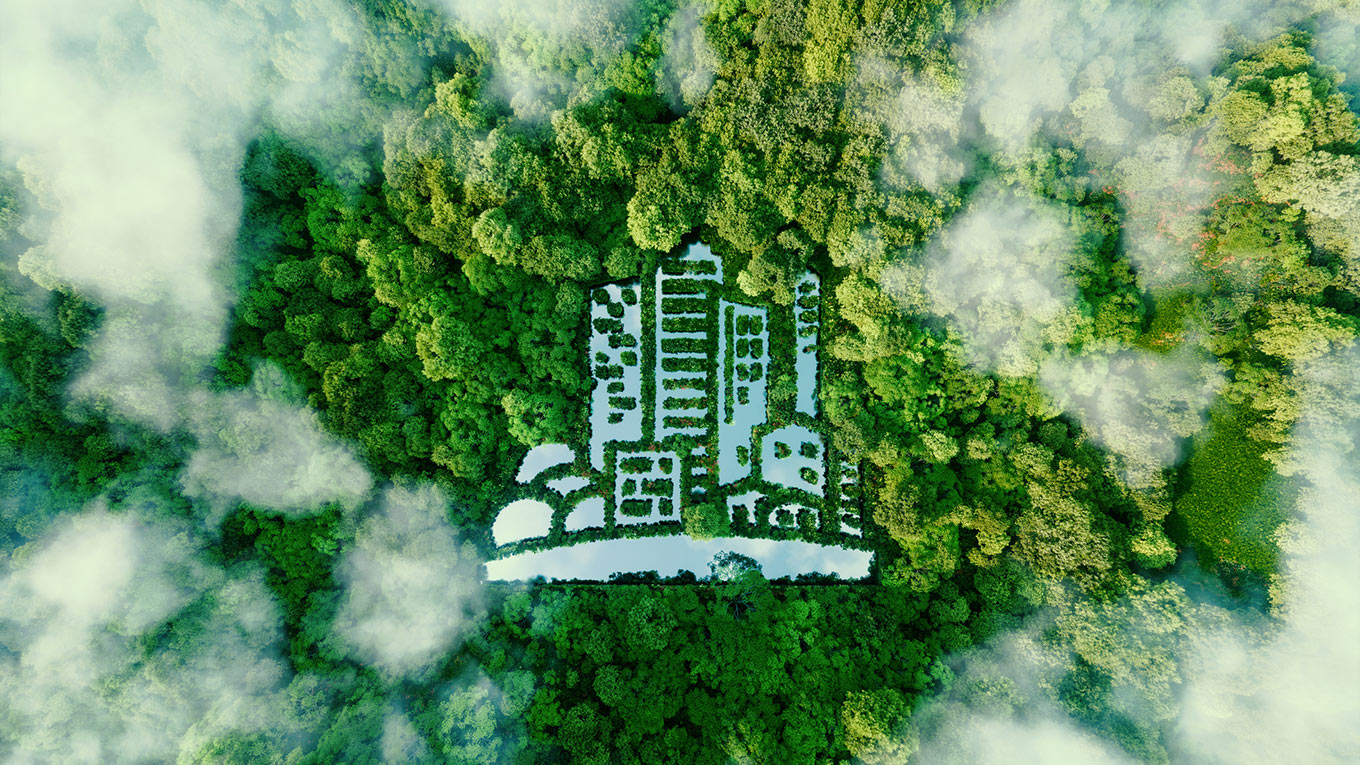 imagem desenhada de uma cidade dentro das árvores de uma floresta