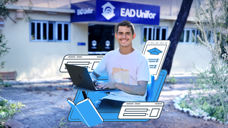 EaD Unifor une flexibilidade, otimização de recursos financeiros e acesso às experiências do campus para uma formação de alta performance (Foto: Ares Soares / Arte: Luiz Gonzaga)