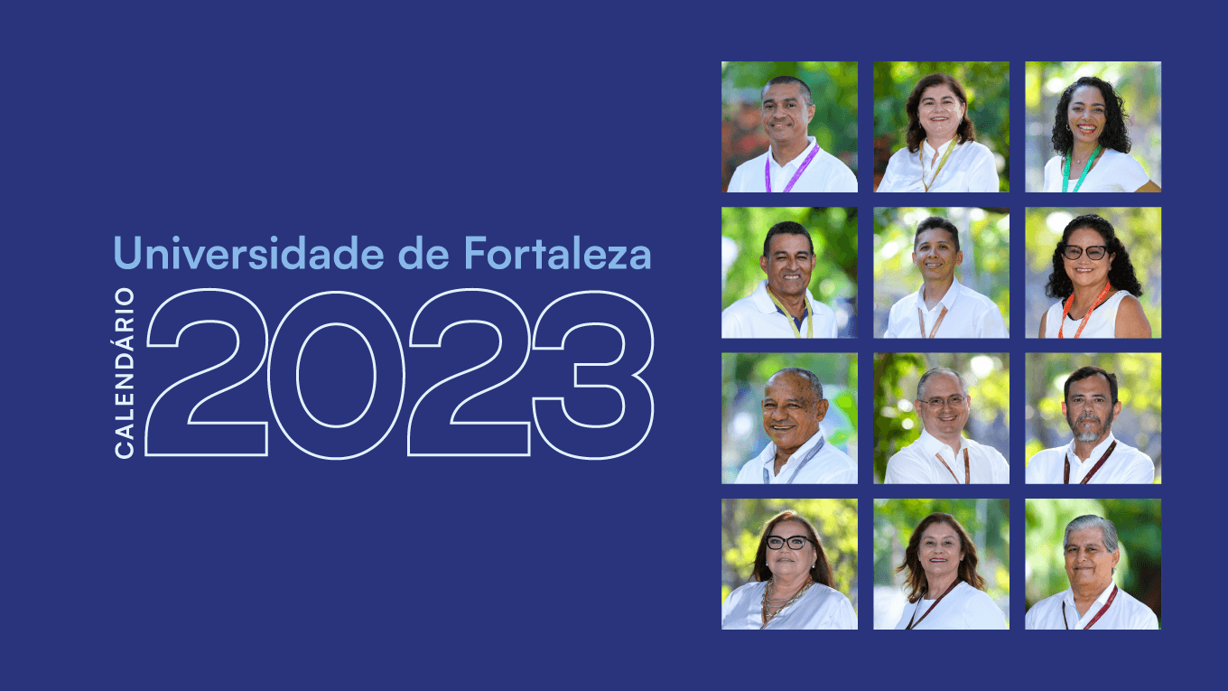 Mosaico com fotos de funcionários da Unifor e fundo azul