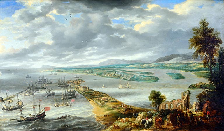 Gillis Peeters - Vista do Recife e seu porto - 1639 - óleo sobre madeira