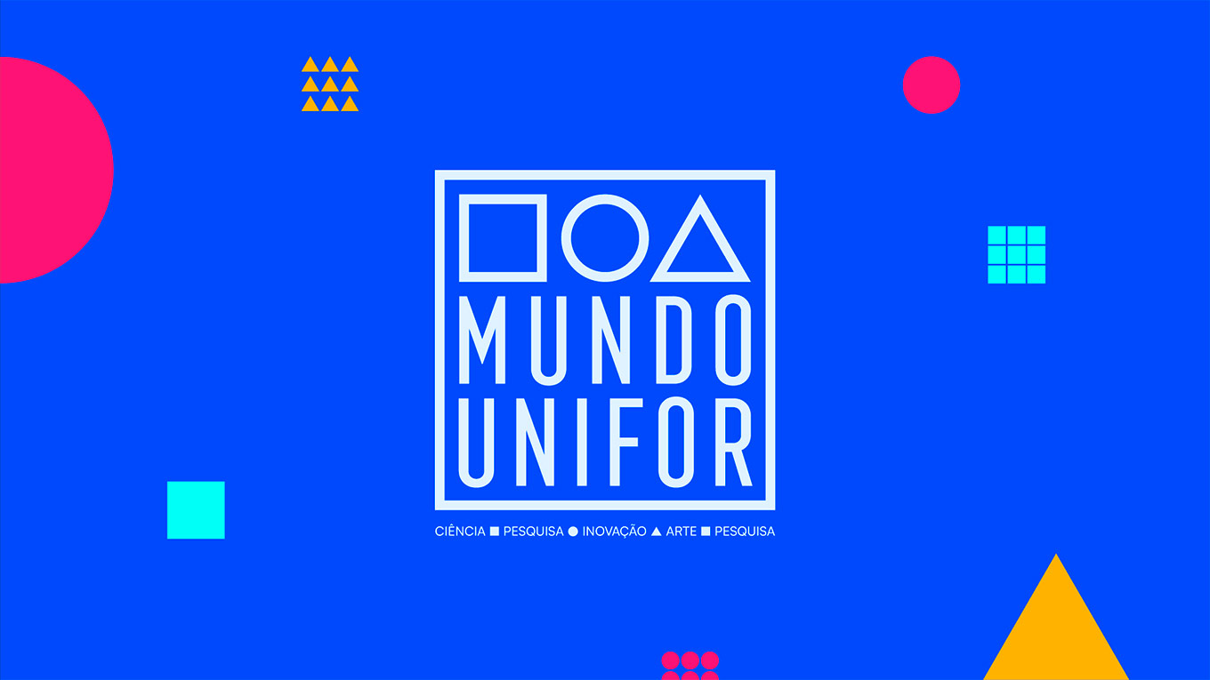 Logotipo do evento Mundo Unifor com fundo azul e grafismos coloridos