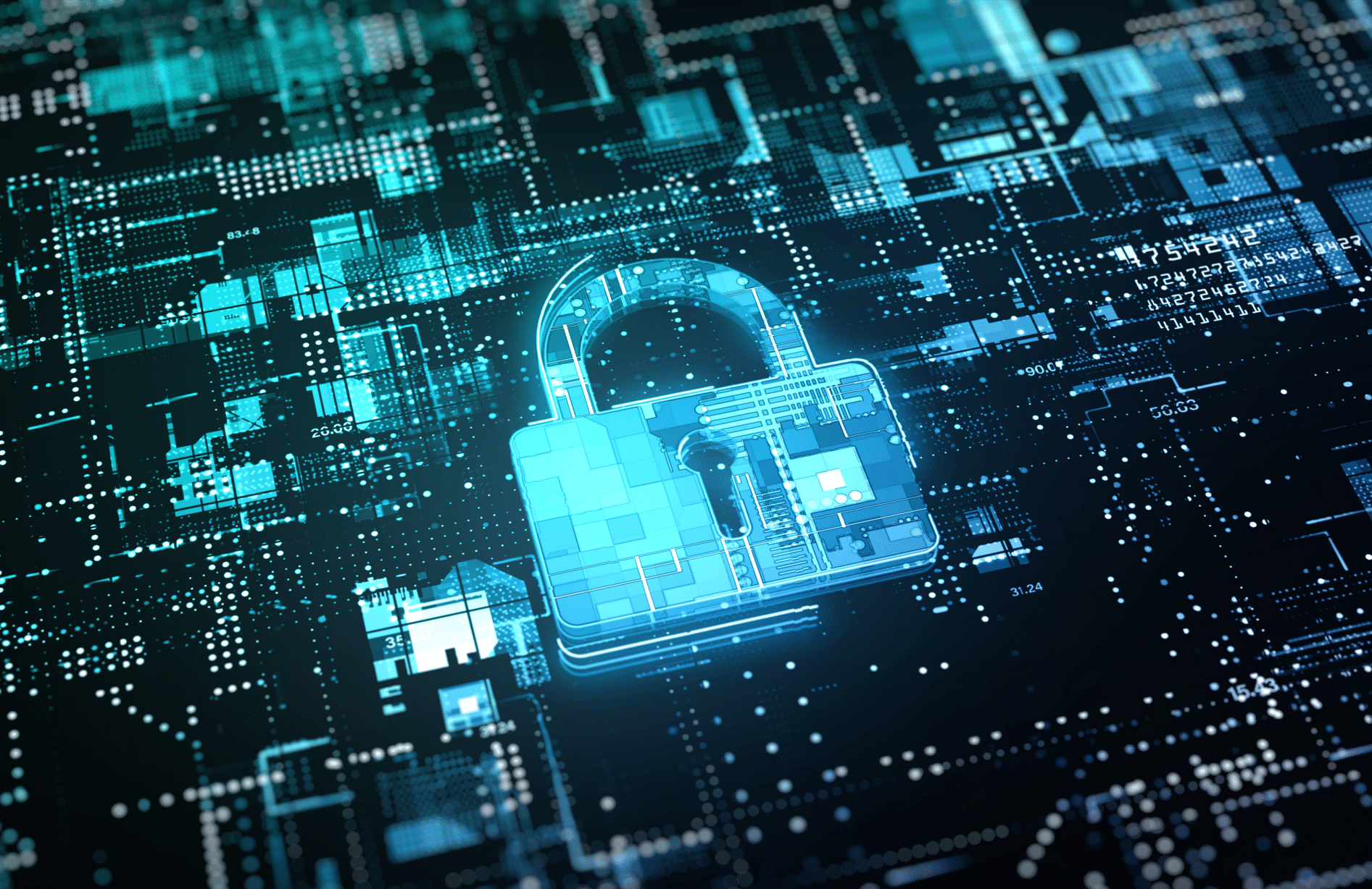 Um ícone de cadeado azul no meio e em volta uma rede de proteção cibernética defendendo a rede de dados digitais