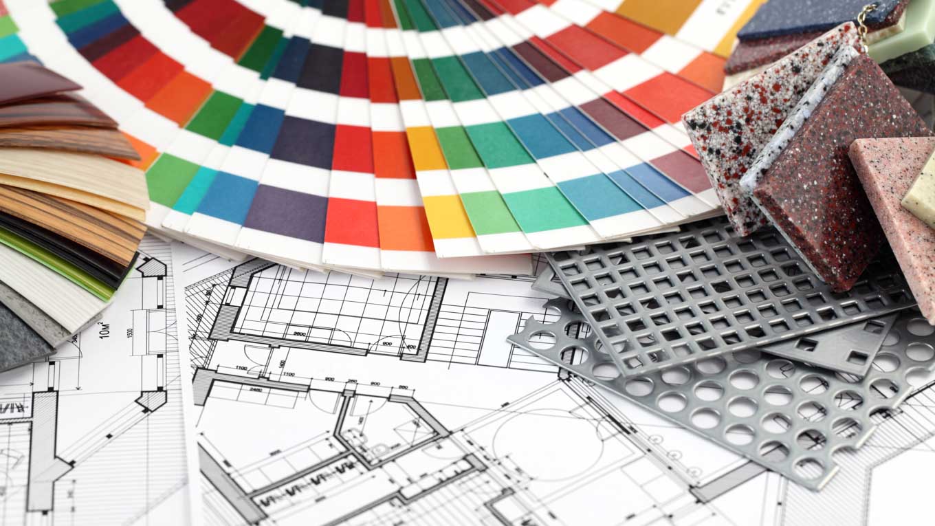 Materiais de construção, paleta de cores e plantas arquitetônicas estão em evidência.