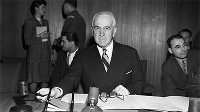 Em 1947, o diplomata brasileiro Oswaldo Aranha presidiu a 1ª sessão especial da Assembleia Geral e a 2º sessão regular. Desde então (com raras exceções), o Brasil tem sido o 1º país a falar no debate geral anual da Assembleia Geral (Foto: Nações Unidas)